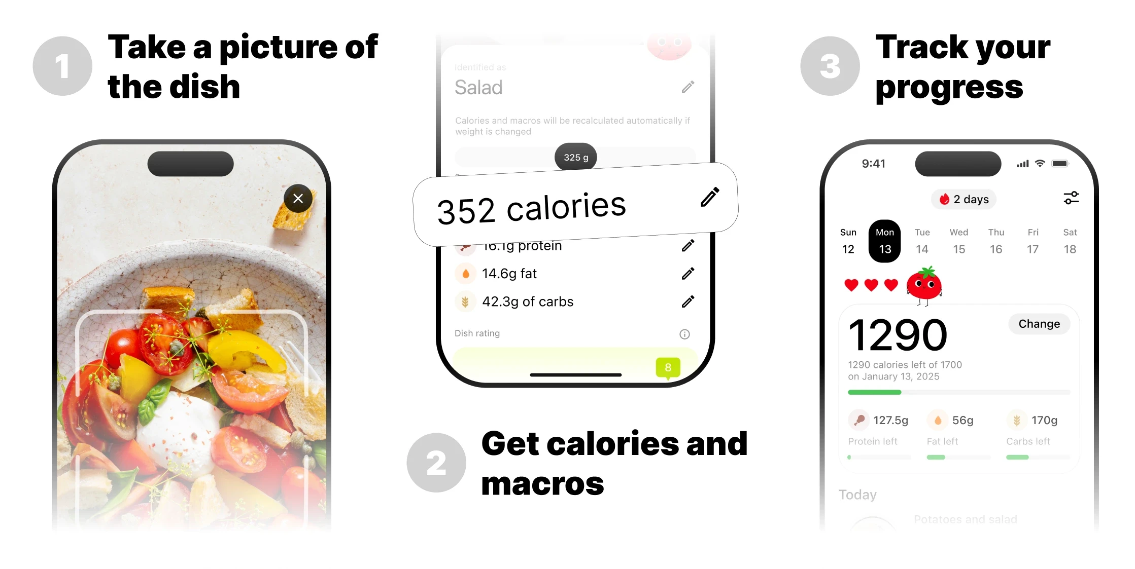 1. Take a picture, 2. Get calories and macros, 3. Track your progress
